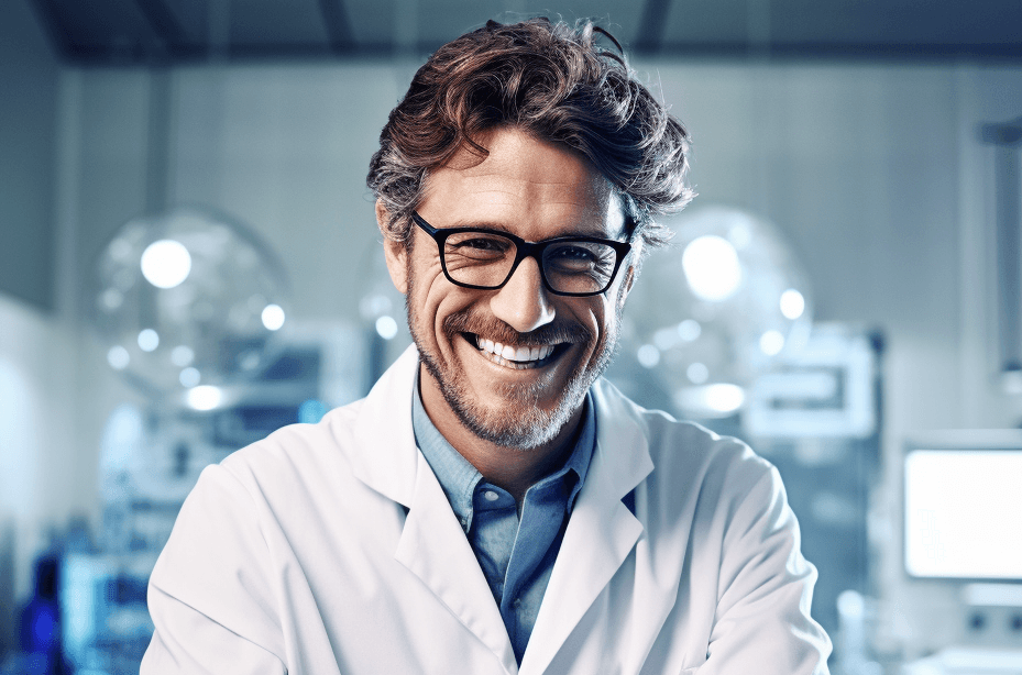 A man in a coat in a lab smiling